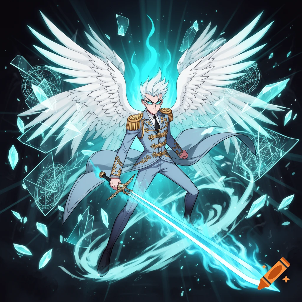 Anime style illustration of Archangel Michael with white wings and a glowing blue sword in a dynamic battle stance.