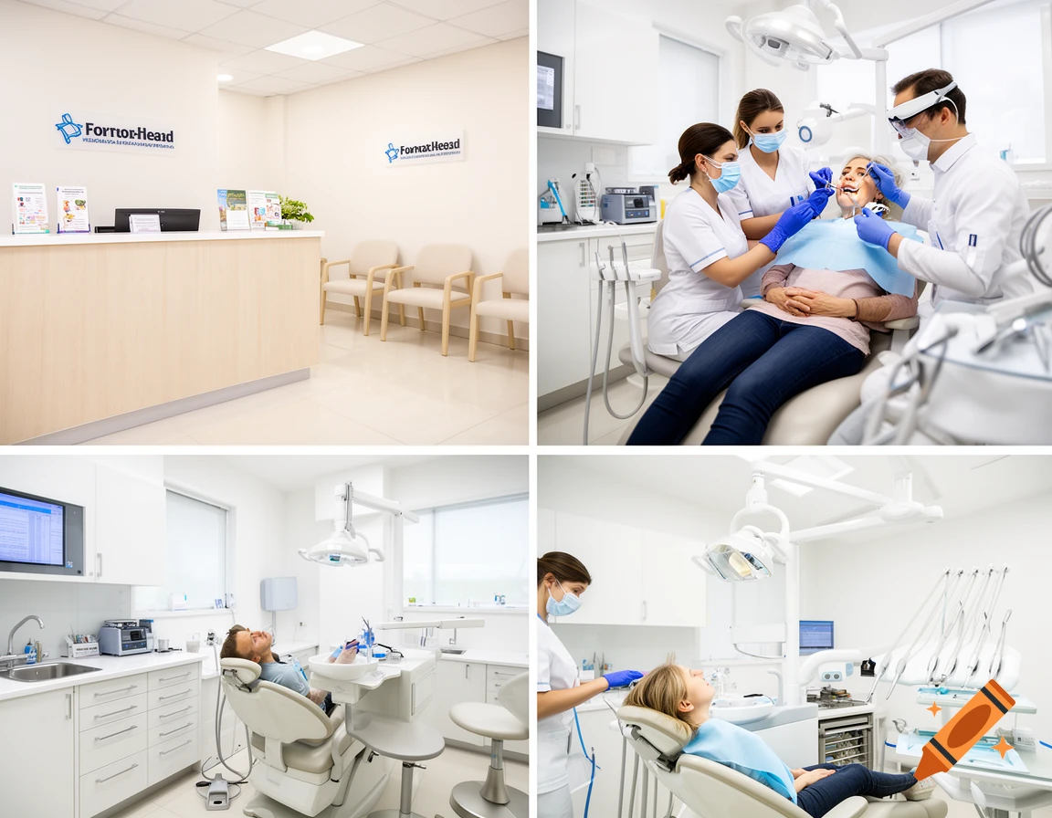 Four-panel photo collage of a modern dental clinic interior, reception area, and patients receiving dental care from staff.