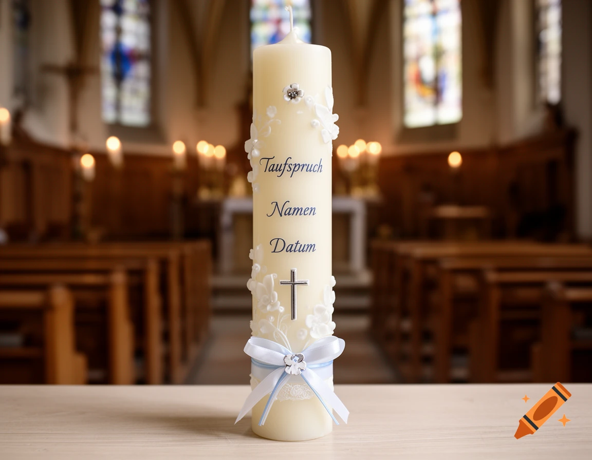 Photorealistic image of a decorated baptismal candle with German text 'Taufspruch Namen Datum' and a small silver cross, standing in a church.