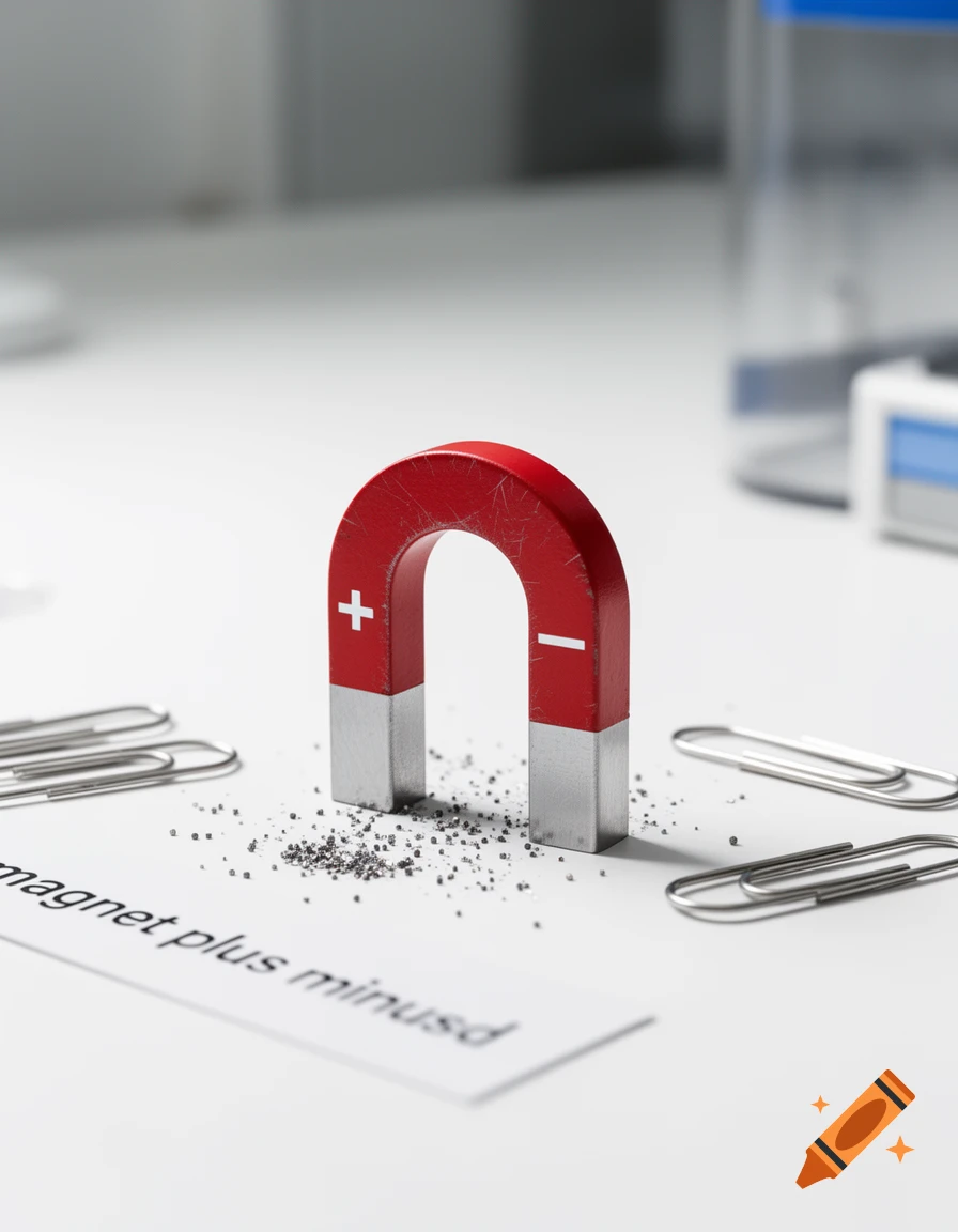 Photorealistic red and silver horseshoe magnet on a white surface with scattered iron filings and paper clips.