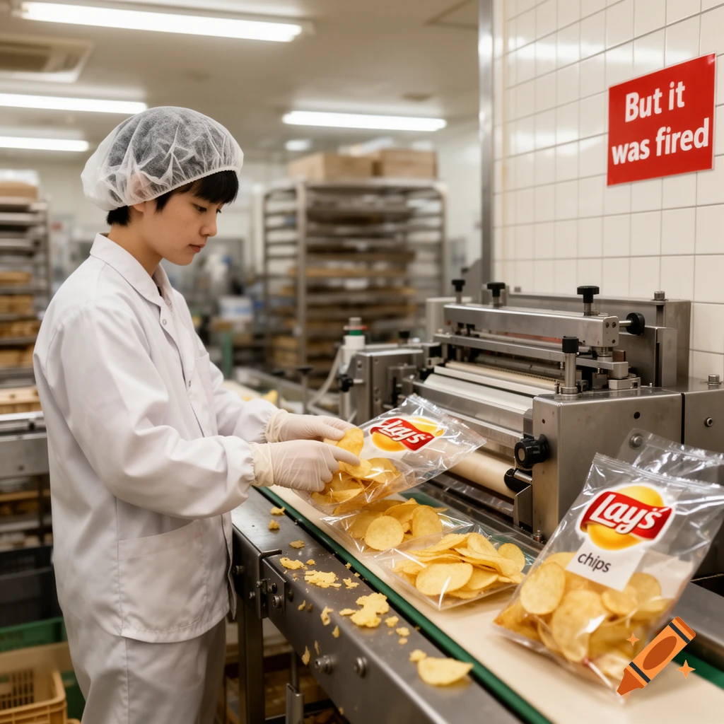 Photorealistic image of a worker in a hairnet and lab coat packaging bags of chips in a factory, with a sign reading 'But it was fired'.