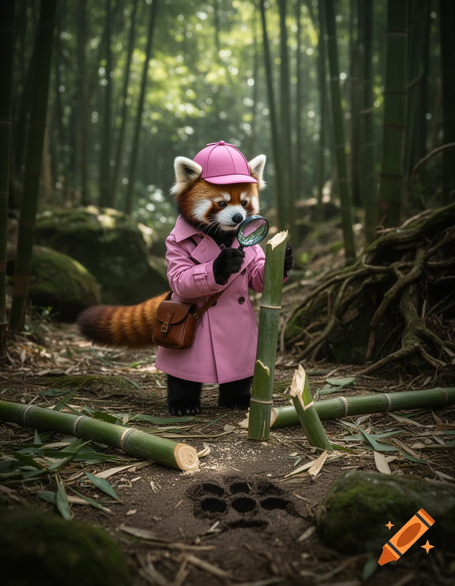 A photorealistic red panda dressed as a detective in a pink trench coat and pink hat, examining a cut bamboo stalk with a magnifying glass in a bamboo forest.
