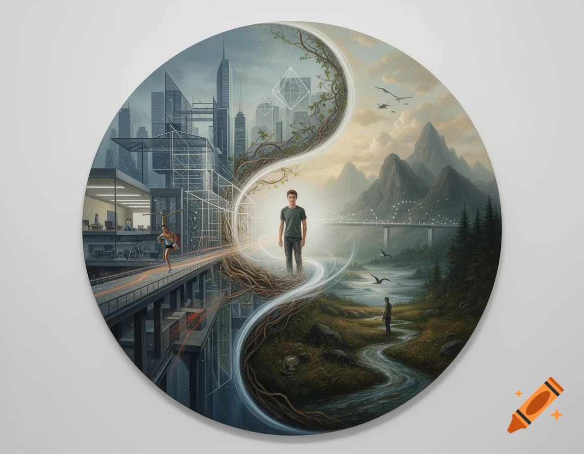 Surreal yin-yang shaped conceptual painting blending an urban cityscape on the left with a natural mountainous landscape on the right, featuring a young man in the center.