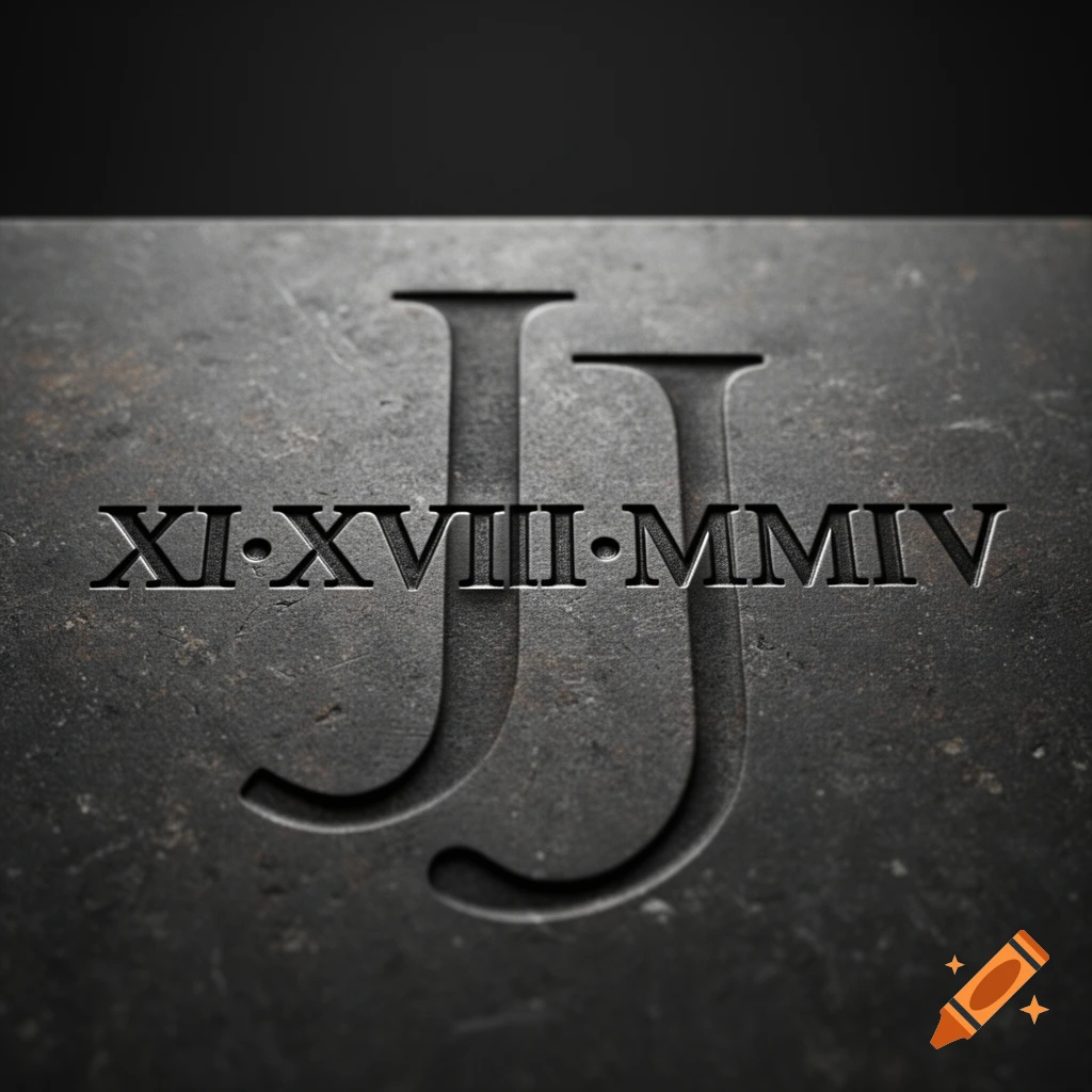 Engraved Roman numerals XI-XVIII-MMIV with overlapping JJ letters on a dark stone surface.