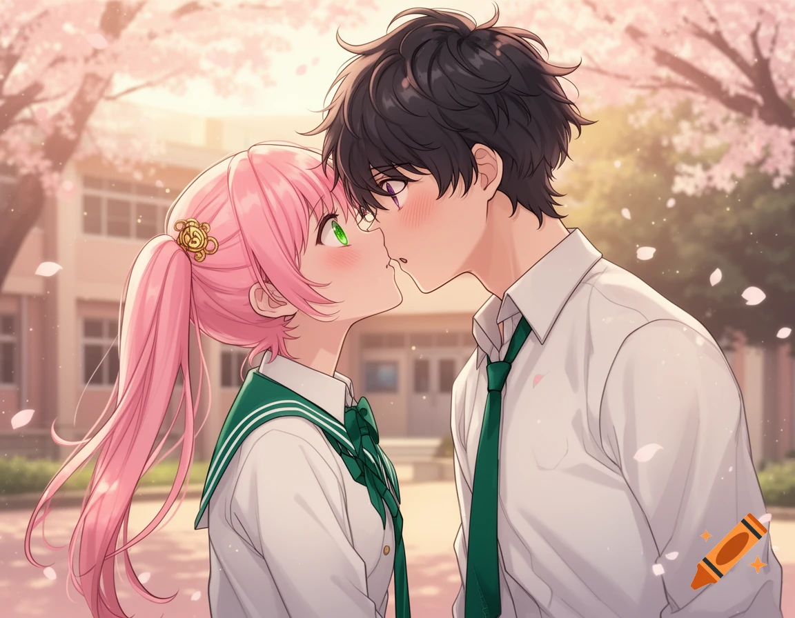 Anime style illustration of two students with pink and dark hair about to kiss under cherry blossom trees.