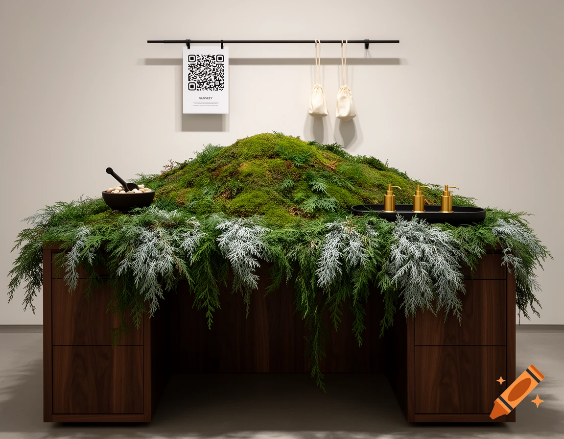 Photorealistic installation of a wooden desk covered in forest moss and foliage, with a QR code sign and small accessories hanging above.