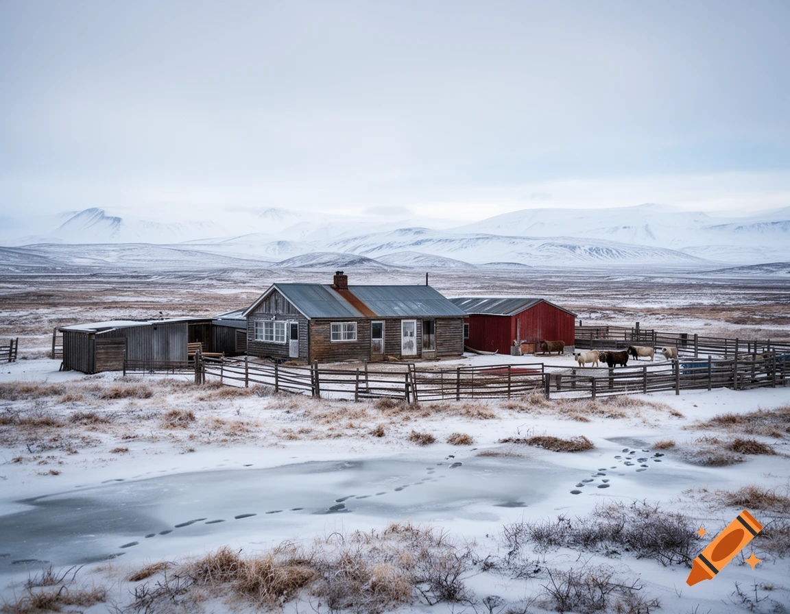 Photorealistic image of a wooden cabin and barns in a snowy tundra landscape with distant mountains under an overcast sky.