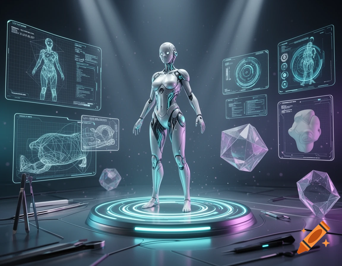 futuristic 3d model of a humanoid robot standing on a glowing holographic platform surrounded by futuristic interface screens