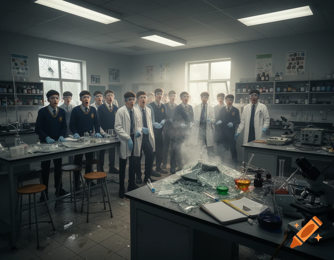 A photorealistic scene of a classroom laboratory where students in lab coats and safety goggles react in shock to a smoky explosion on a desk.