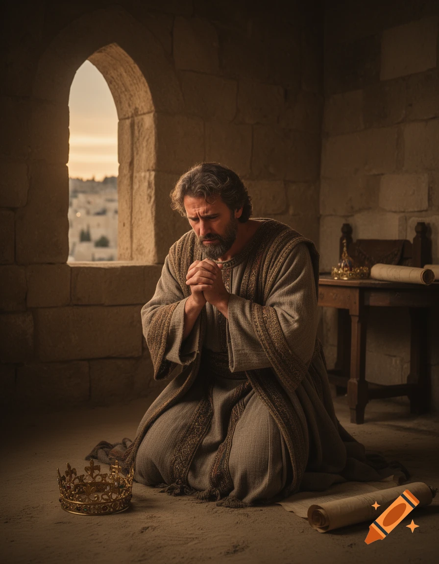 A bearded man in a medieval robe kneels in prayer on a stone floor, holding his hands together, with a crown nearby.