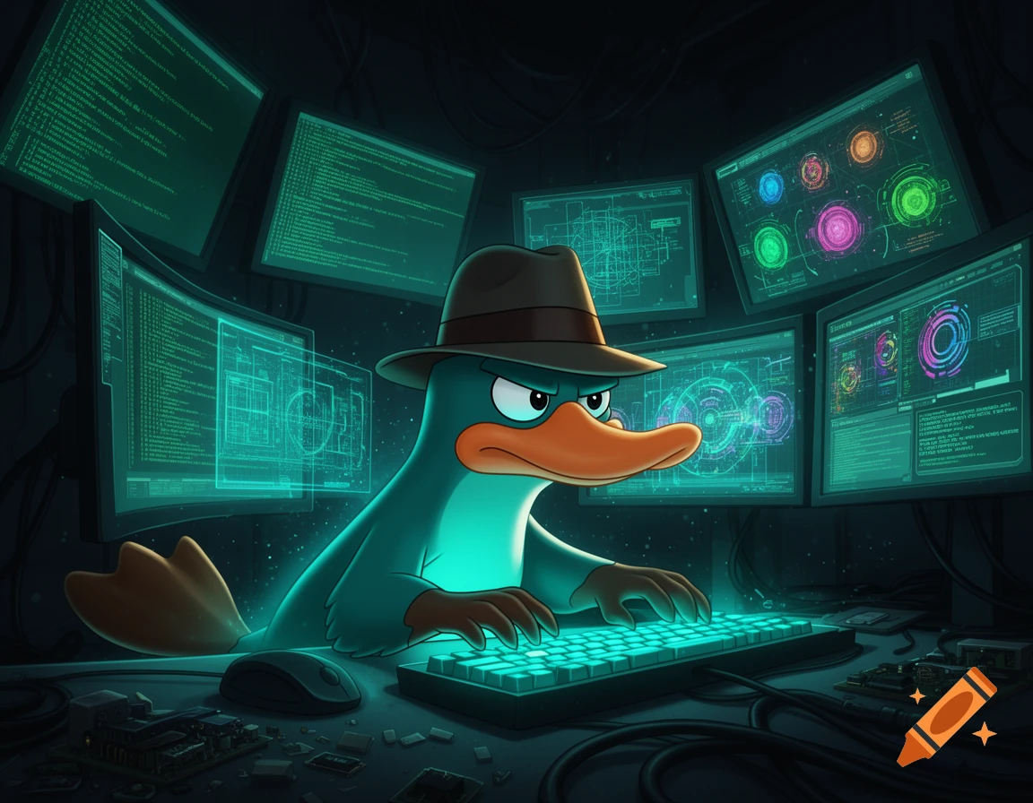Perry the Platypus wearing a fedora hat typing on a glowing keyboard in front of multiple computer screens displaying code and graphs.