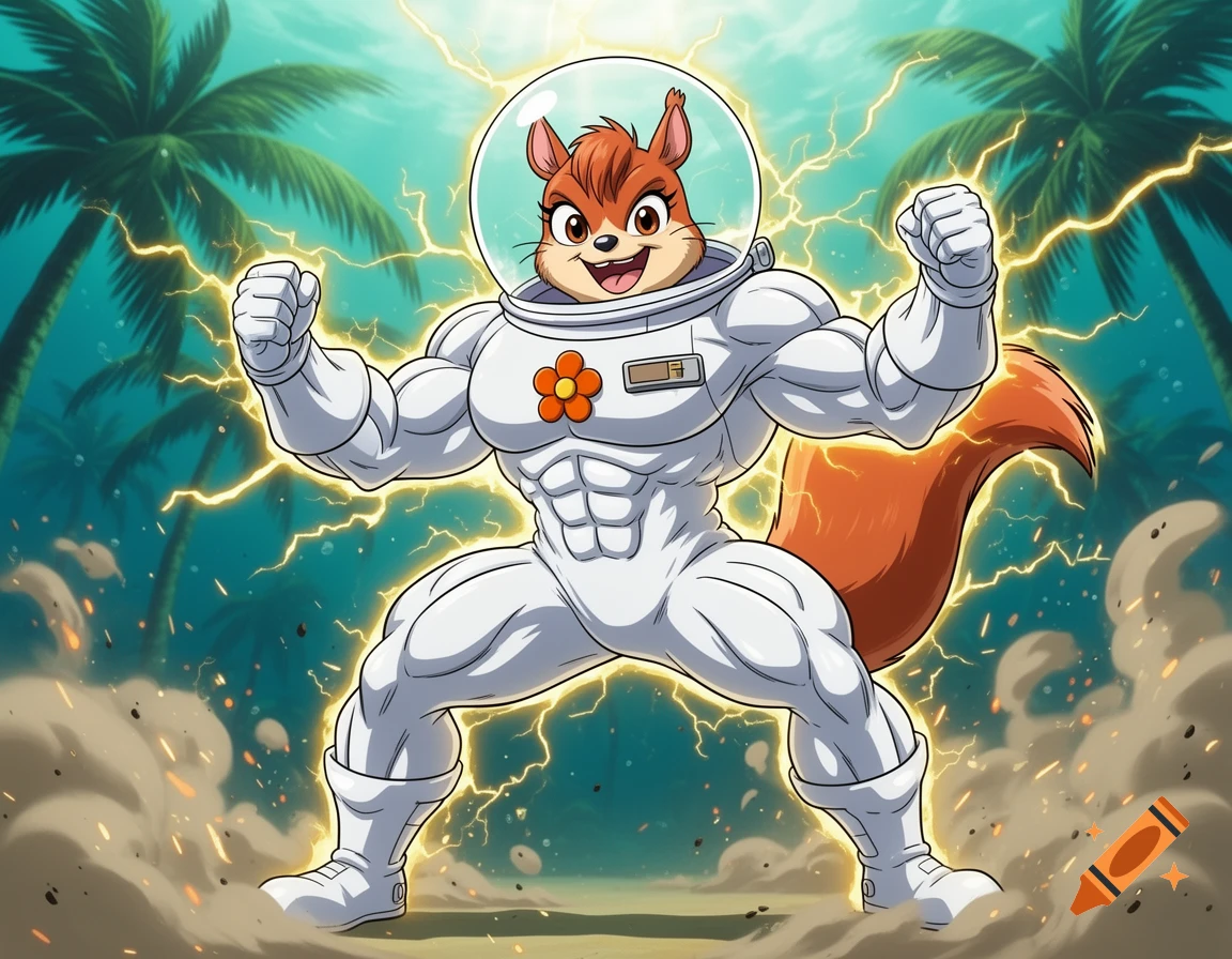 An anthropomorphic squirrel wearing a space suit and helmet with massive muscles, flexing in front of a tropical palm tree background with lightning effects.