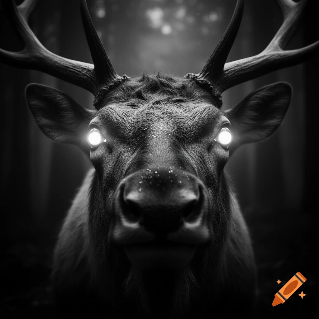 Extreme close-up black and white photo of a giant Irish elk with glowing white eyes in a dark forest.