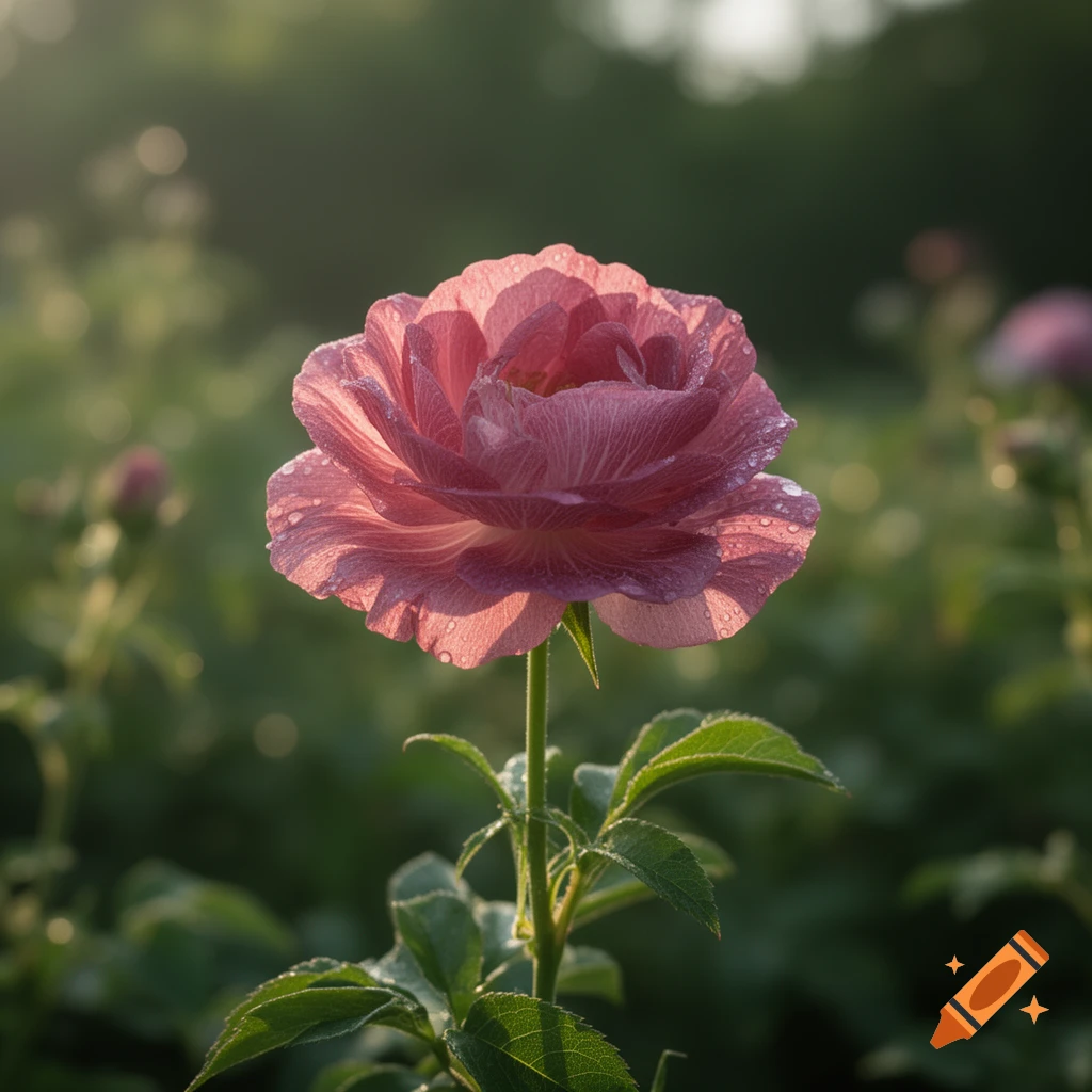 Close-up photorealistic image of a single pink rose with dew drops on its petals, illuminated by soft sunlight in a garden.