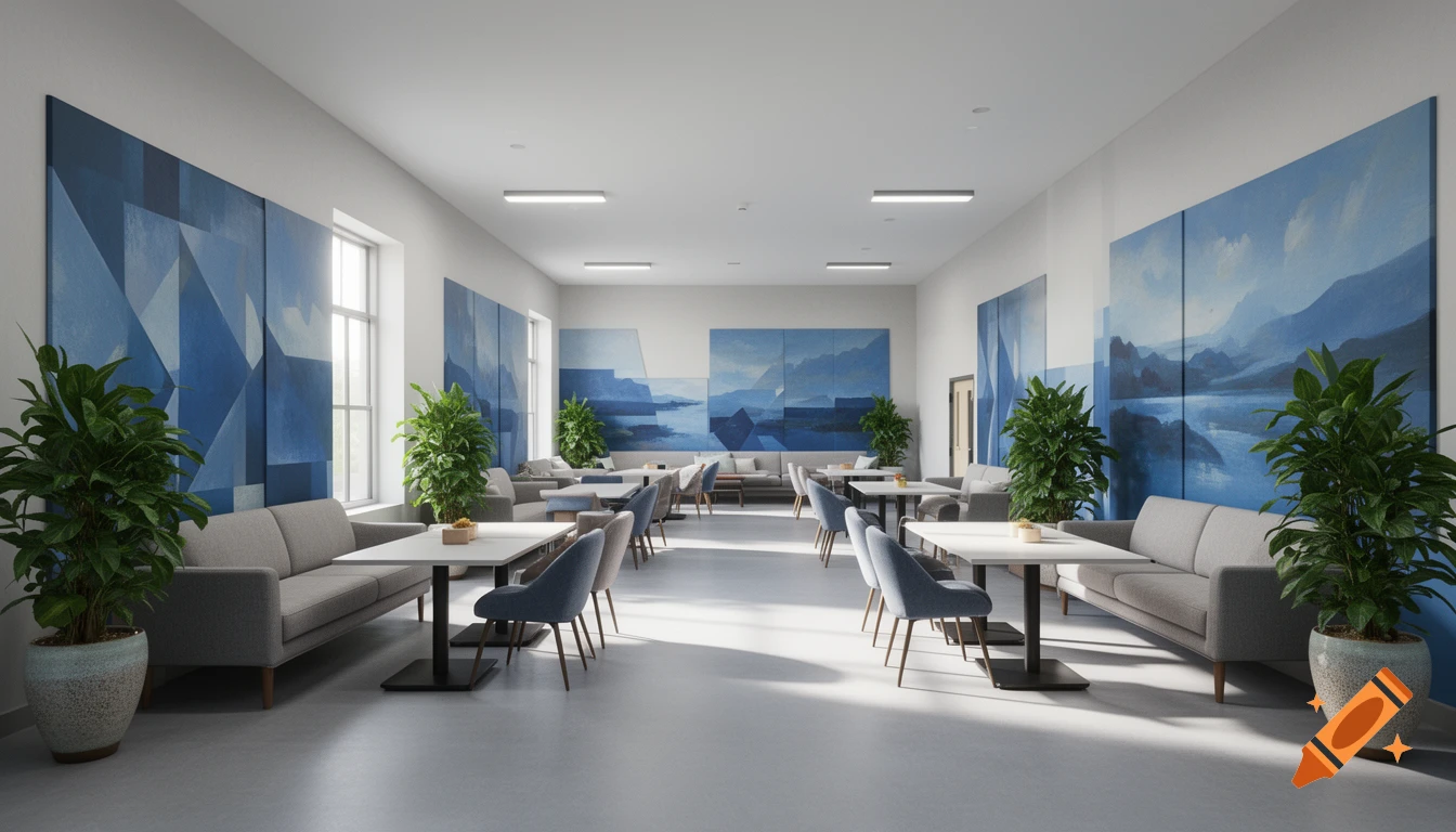 Modern lounge area with grey sofas, white tables, blue wall murals, potted plants, and overhead lighting, photorealistic.