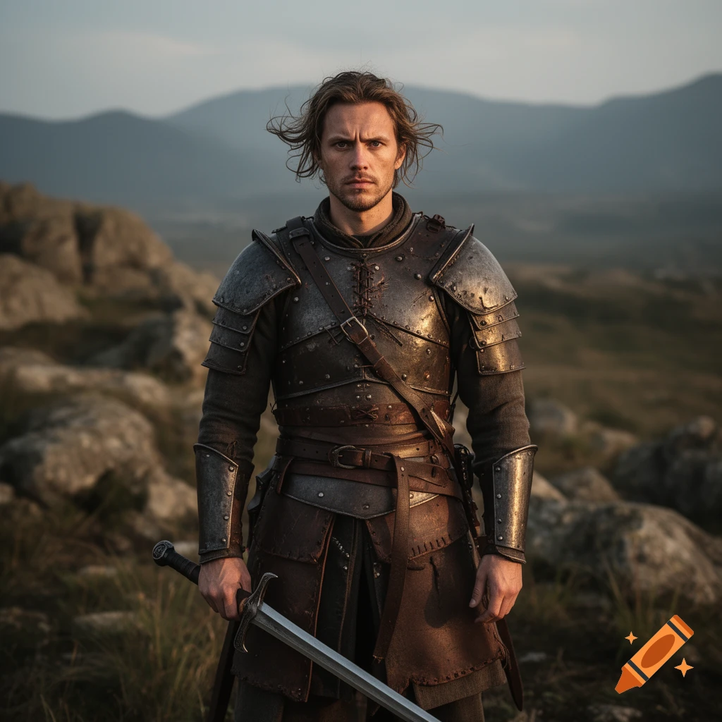 Photorealistic portrait of a male warrior in dark metal armor standing in front of mountains.
