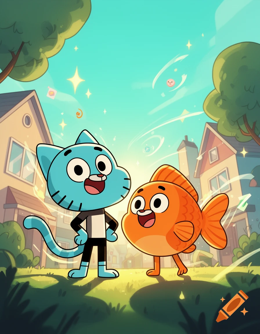 Digital illustration of cartoon characters Gumball and Darwin standing outside in a suburban neighborhood, bright sunny style.