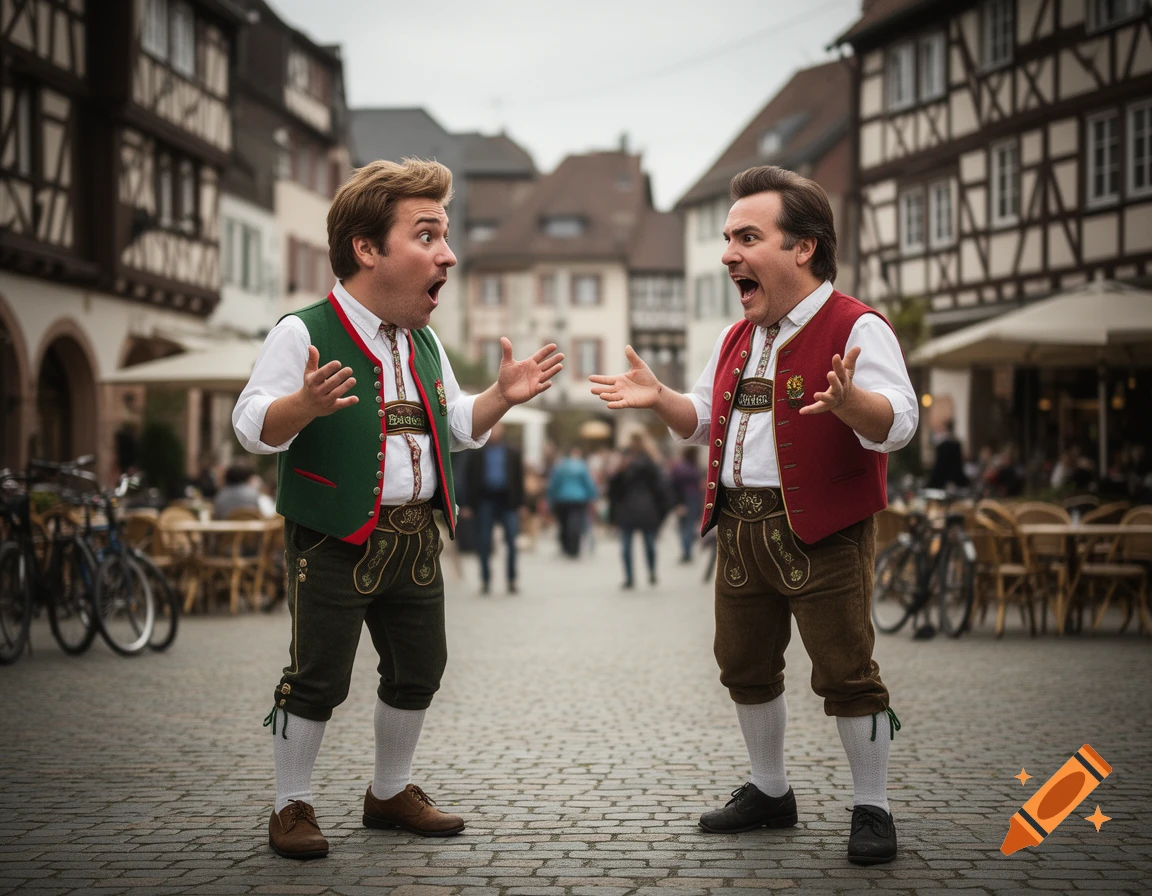 Photorealistic image of two men in traditional German lederhosen arguing in a cobblestone town square.