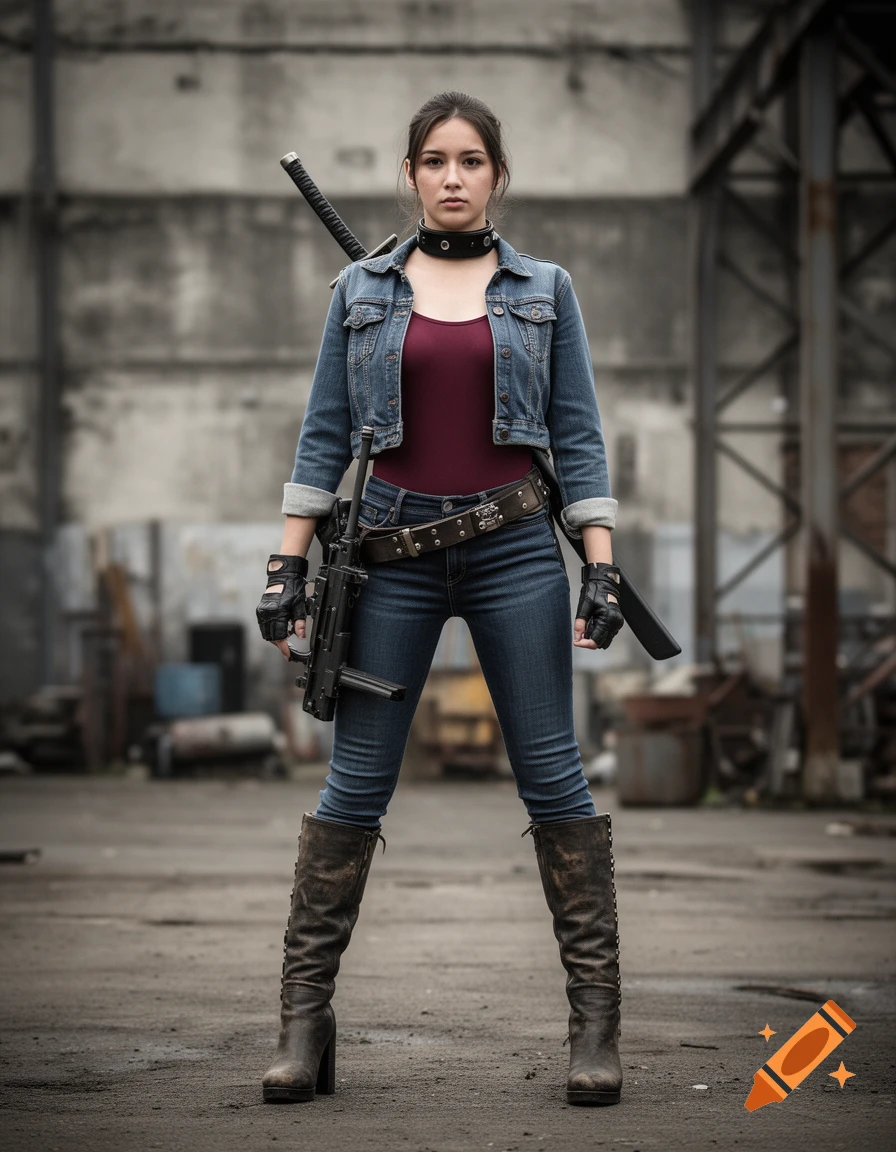 Photorealistic full-body portrait of a young woman in an industrial setting, wearing a cropped denim jacket, dark red leotard, jeans, and tall chunky boots, holding a submachine gun with a sword on her back.