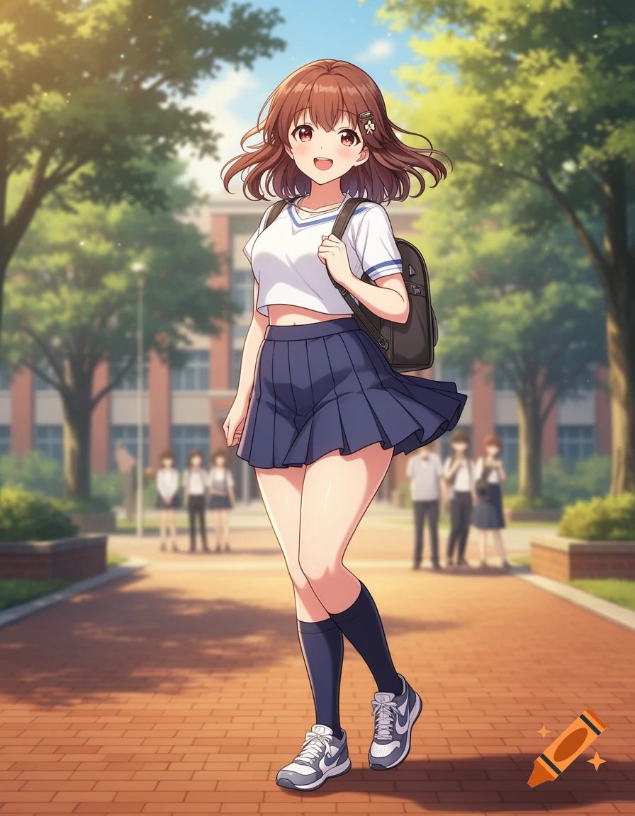 Anime style illustration of a smiling college girl with a backpack walking down a brick pathway.