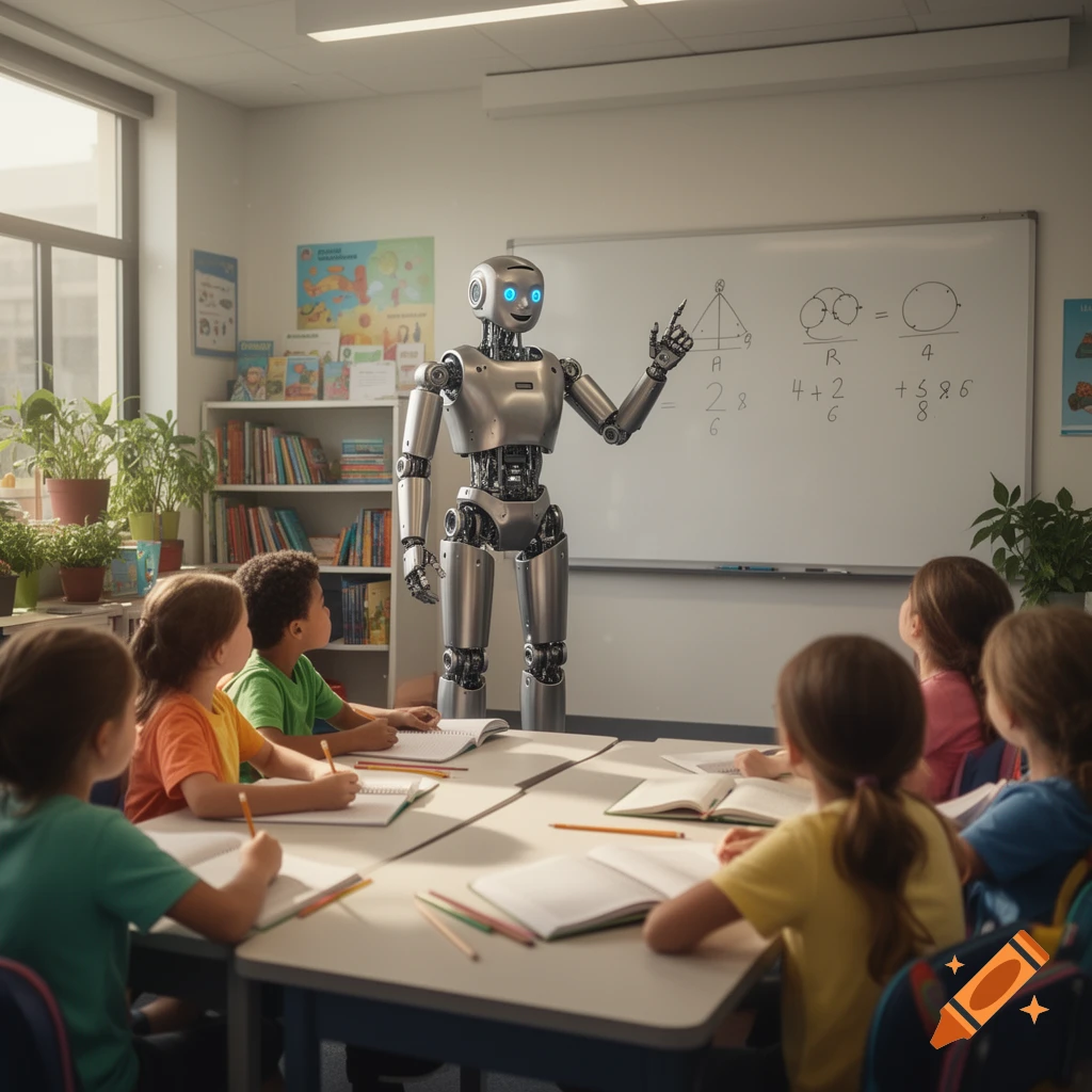A metallic humanoid robot teacher stands in front of a whiteboard in a classroom, pointing at math equations for seated students.