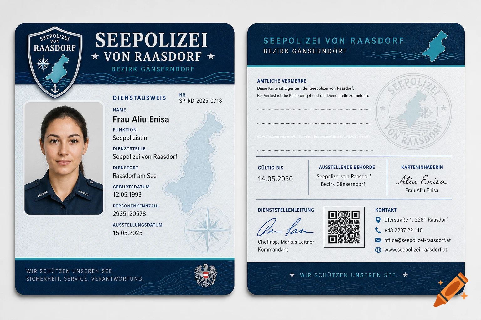 Front and back of a photorealistic fictional police ID card for Seepolizei von Raasdorf with a portrait of a female officer.