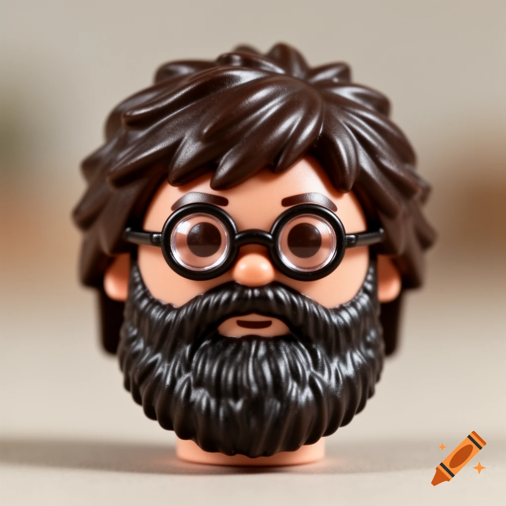 Close-up of a Playmobil toy head with brown hair, round glasses, and a black beard against a neutral background.