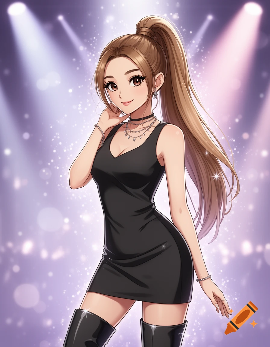 Anime style portrait of a young woman with a high ponytail, wearing a black dress and choker, standing on a stage with spotlights.