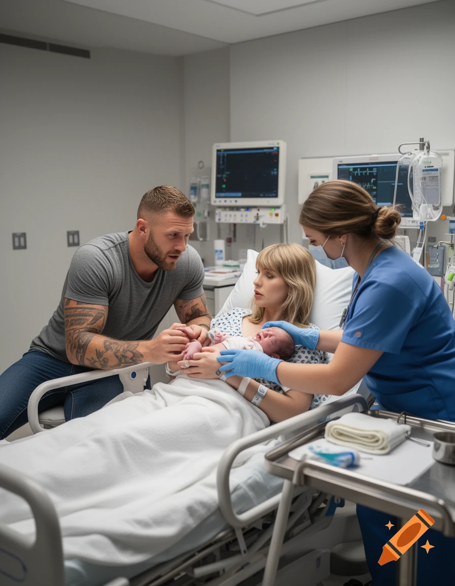 Photorealistic scene of a couple in a hospital room with a newborn baby and a nurse assisting.