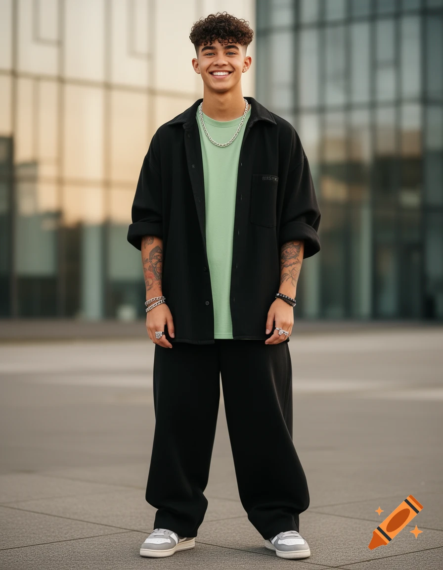 Photorealistic full-body portrait of a smiling teenage boy with curly hair, wearing a black shirt, green t-shirt, and black baggy pants outdoors.