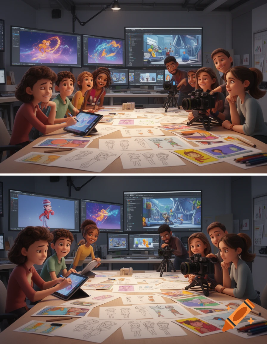 3D animated style split-screen image showing artists working around a table with screens displaying character designs.