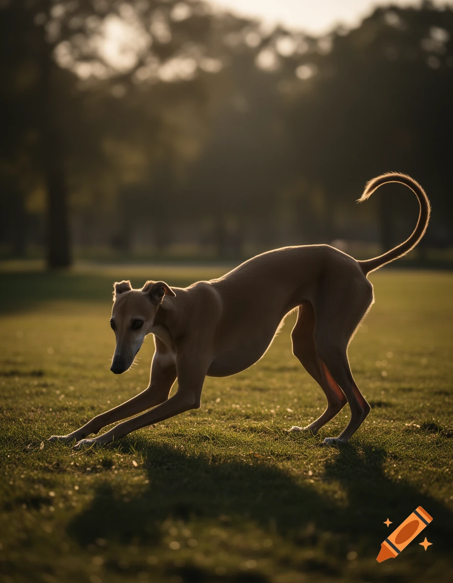 A photorealistic silhouette of a whippet dog in a play bow pose on a grassy field during golden hour.