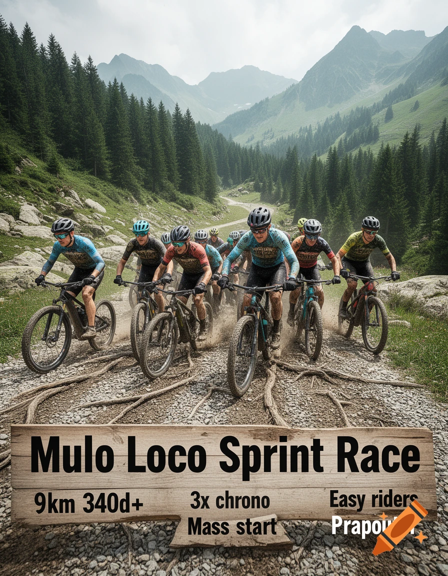 Photorealistic image of a group of mountain bikers racing on a dirt road through a mountain pass with a wooden race sign in the foreground.