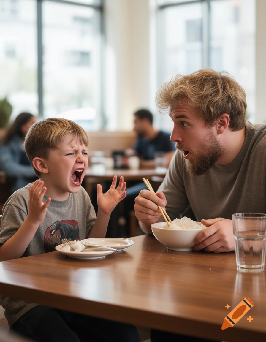 Photorealistic scene of a young boy yelling at a man eating a bowl of rice in a restaurant.