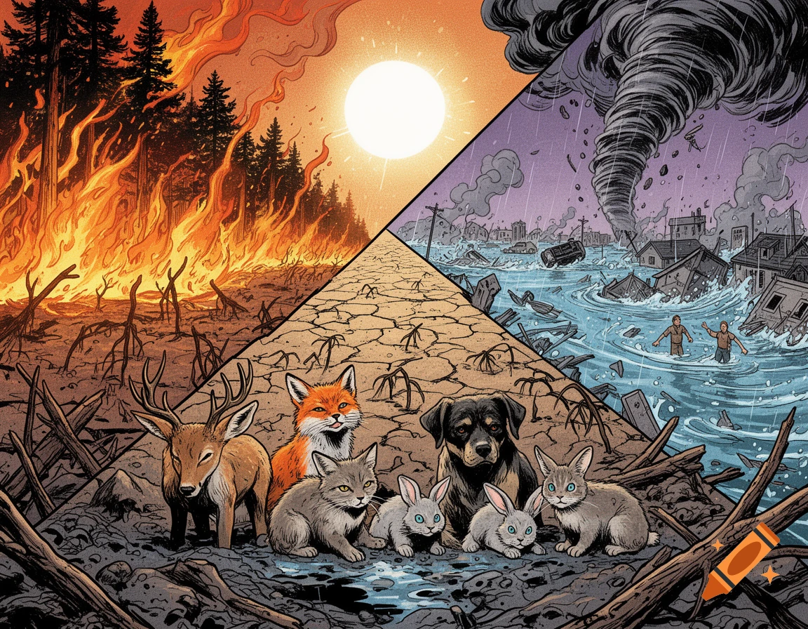 Comic style illustration of exhausted animals standing on cracked earth with a forest fire on the left and a tornado flooding a city on the right.