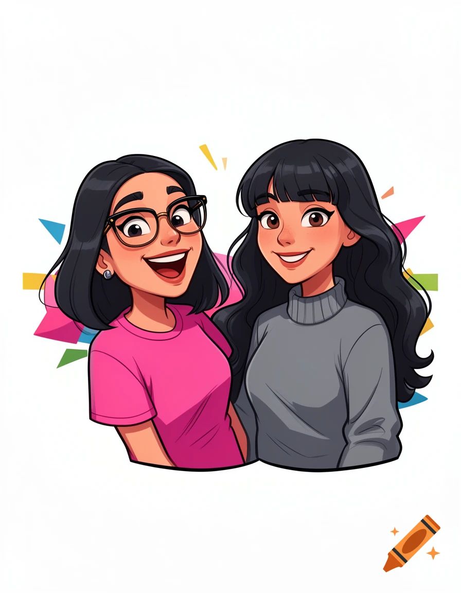 A vibrant 2D cartoon illustration of two smiling female friends, one with glasses and a pink shirt, the other with a grey sweater.