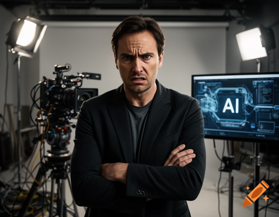 Photorealistic medium shot of an angry male actor with arms crossed in a film studio with a camera and a monitor displaying 'AI'.