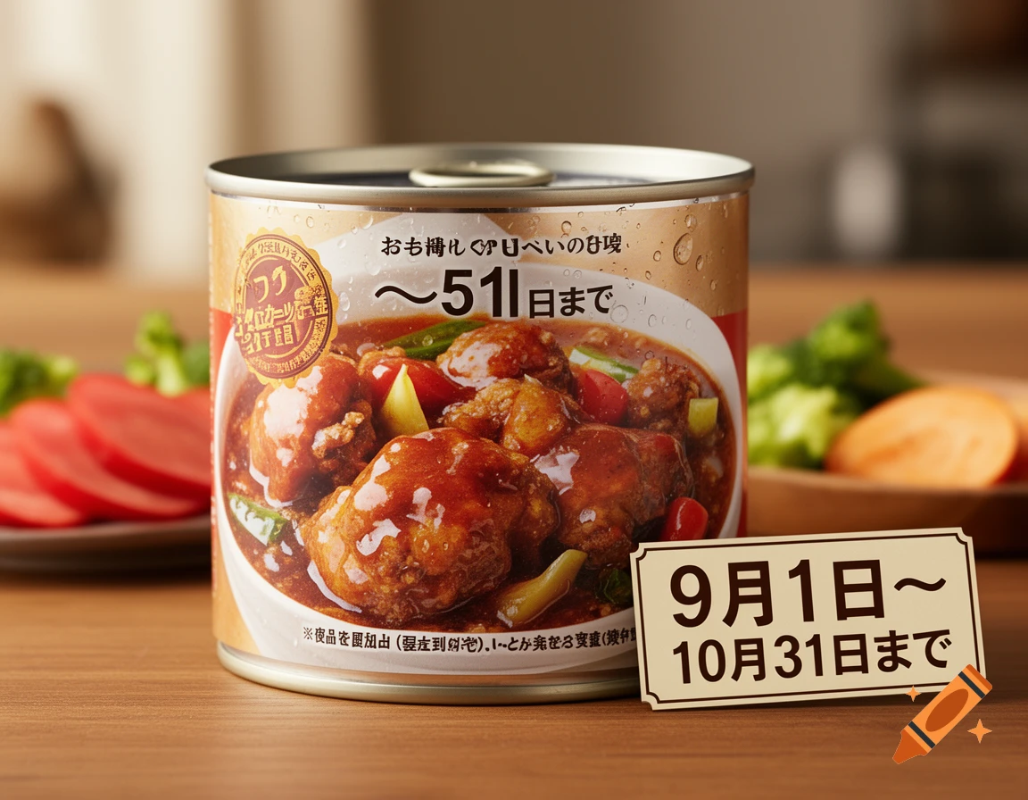 A close-up of a food can with a stew picture on the label and a small sign next to it with incorrect text, on a wooden table.