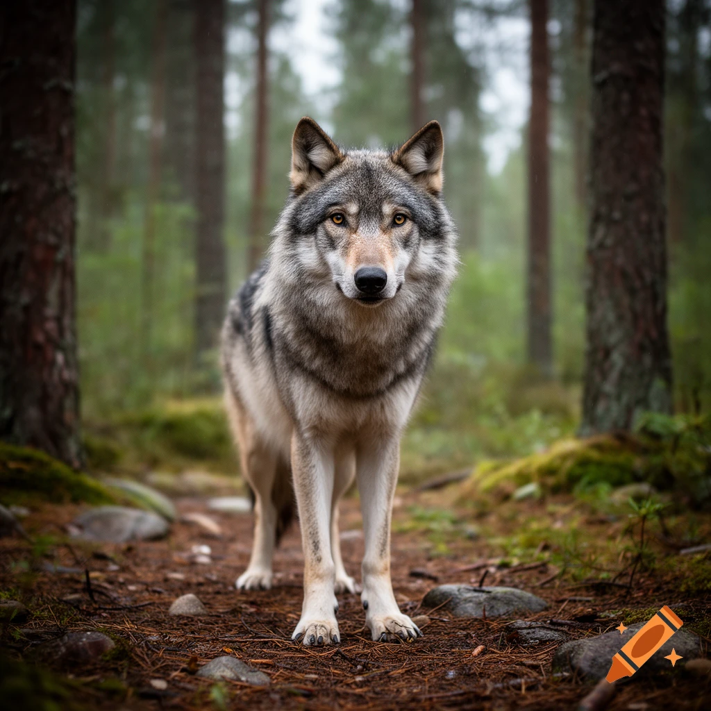 Photorealistic image of a gray wolf standing on a forest path surrounded by trees.