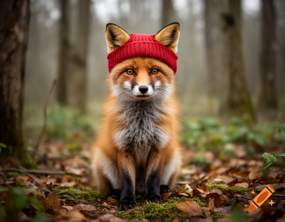Photorealistic close-up portrait of a cute red fox wearing a knit red beanie hat in a misty forest with fallen leaves.