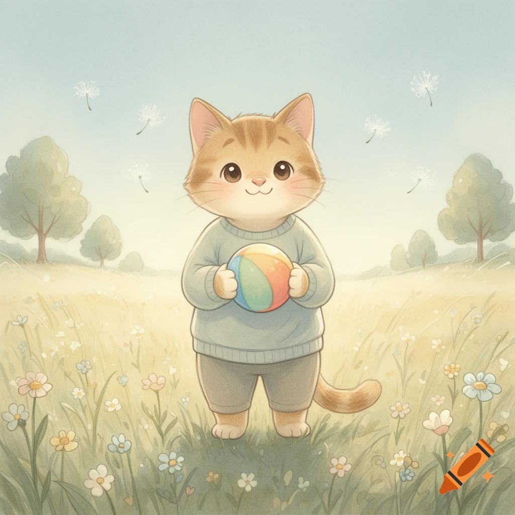 An anthropomorphic ginger cat wearing a sweater and shorts, holding a beach ball in a sunny meadow with dandelions, in a picture book style.