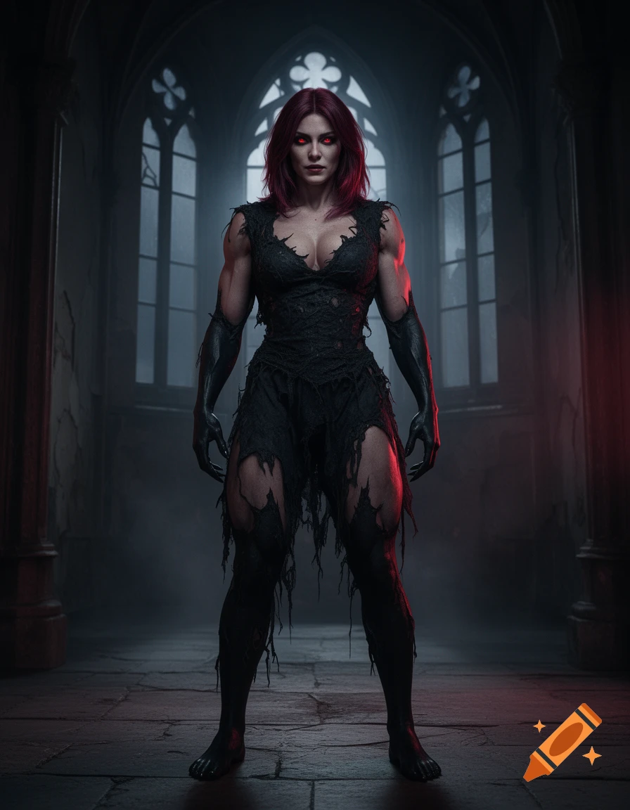 Photorealistic full-body portrait of a muscular female vampire with red hair and glowing red eyes in a dark gothic cathedral.