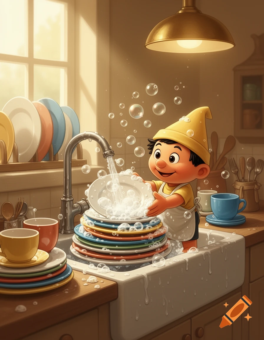 3D cartoon style illustration of a small gnome-like character washing dishes in a sunlit kitchen sink.