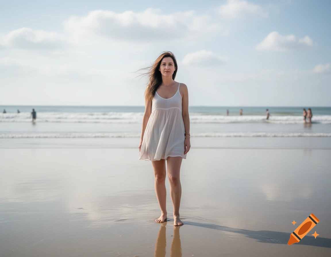 Photorealistic image of a woman in a white dress standing on a wet beach with the ocean in the background.