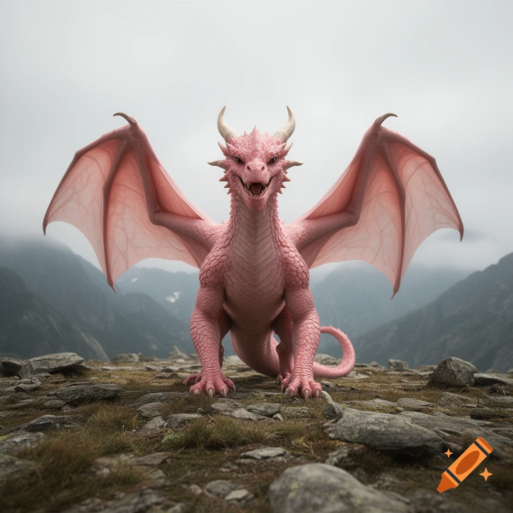 Photorealistic pink dragon standing on a rocky mountain ledge with wings spread.