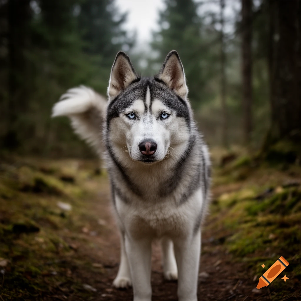 Photorealistic Siberian Husky standing on a dirt path in a misty pine forest.