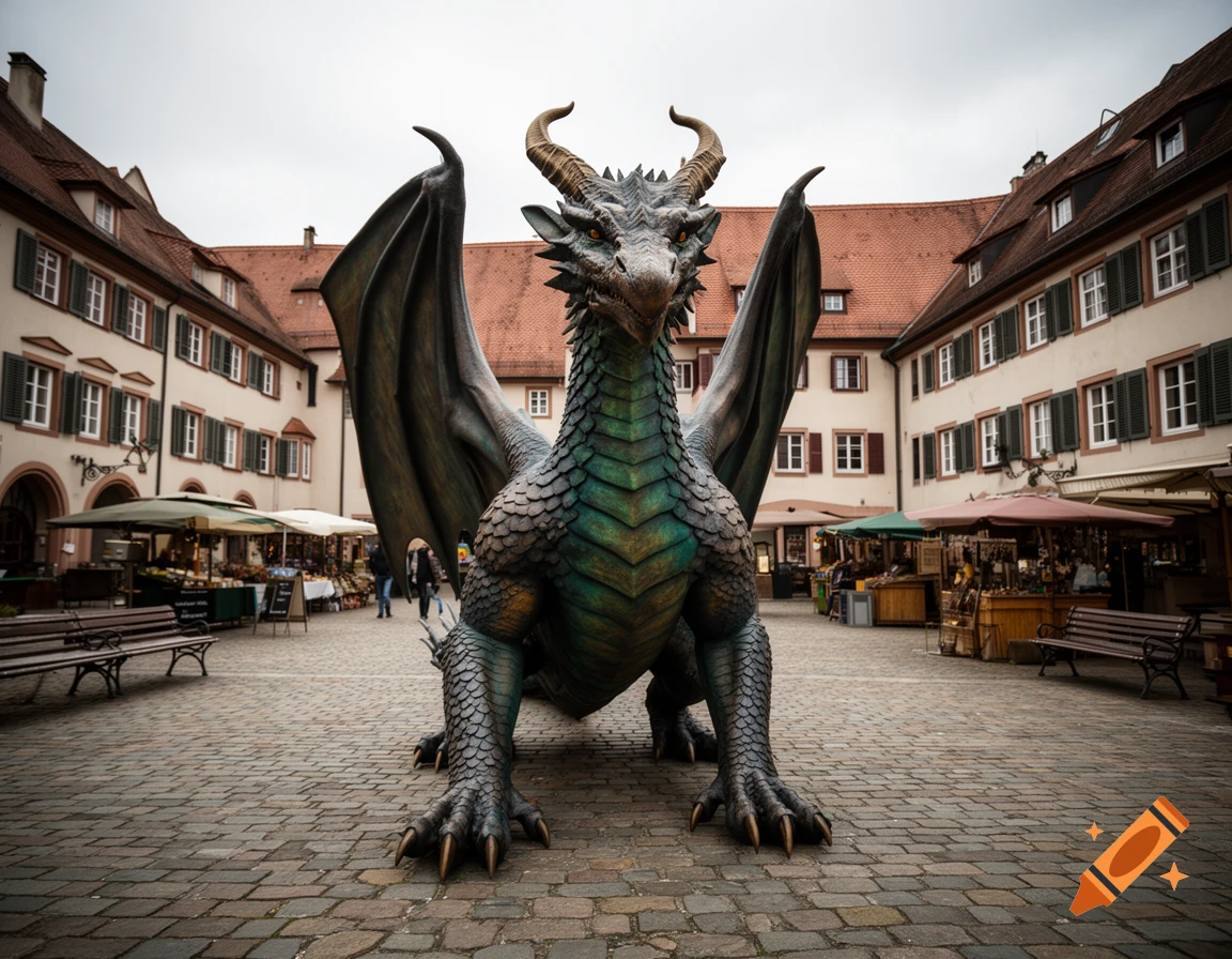 Photorealistic image of a large, dark dragon statue standing in a historic European cobblestone town square surrounded by old buildings.