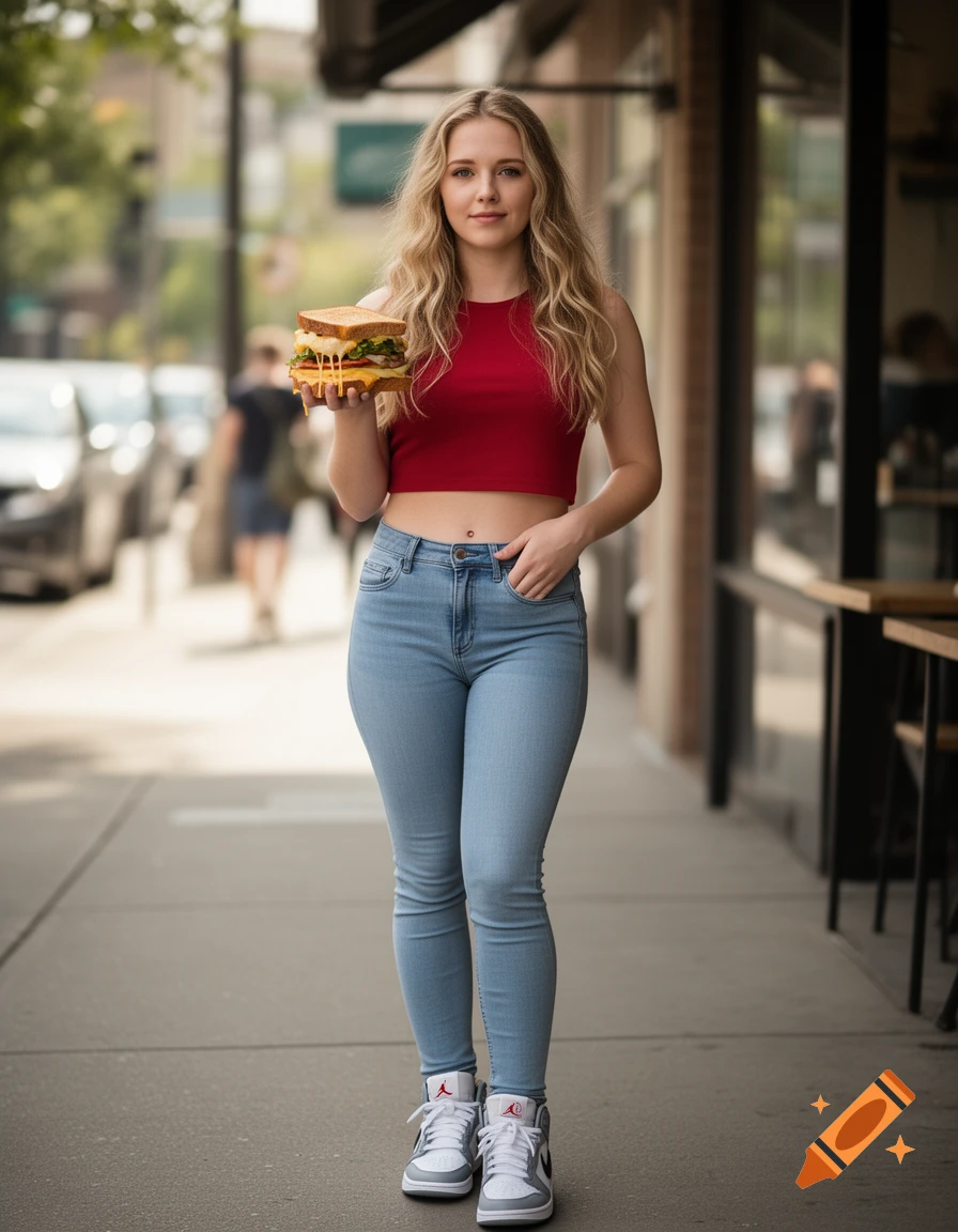 Photorealistic image of a blonde woman wearing a red crop top, light blue jeans, and sneakers, holding a sandwich on a sidewalk.