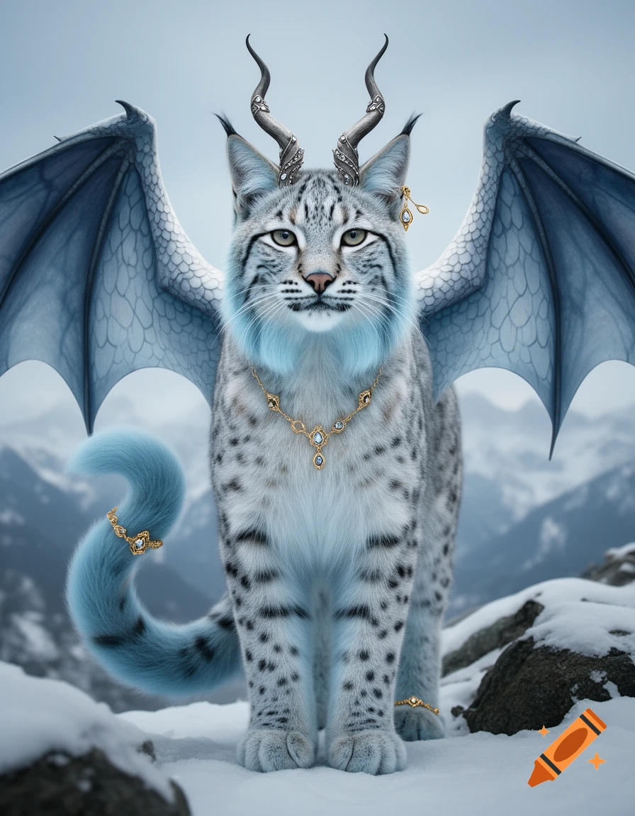 Photorealistic lynx with dragon wings, horns, and jewelry standing in the snow against a mountain backdrop.