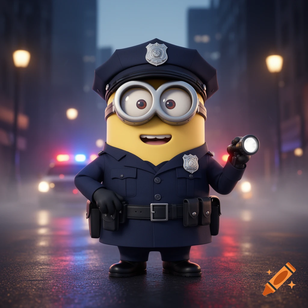 A 3D animated minion dressed as a police officer holding a flashlight on a wet street at night with police lights in the background.
